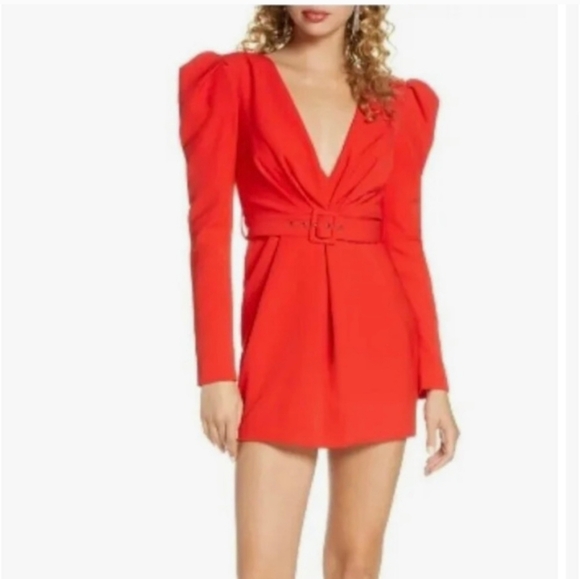 Bardot Letty Puff Long Sleeve Belted Red Minidress 6 - Picture 1 of 10